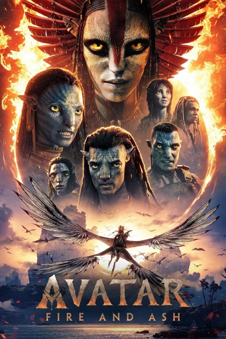 Filmposter: Avatar Fire and Ash — Na’vi personages en vuureffecten