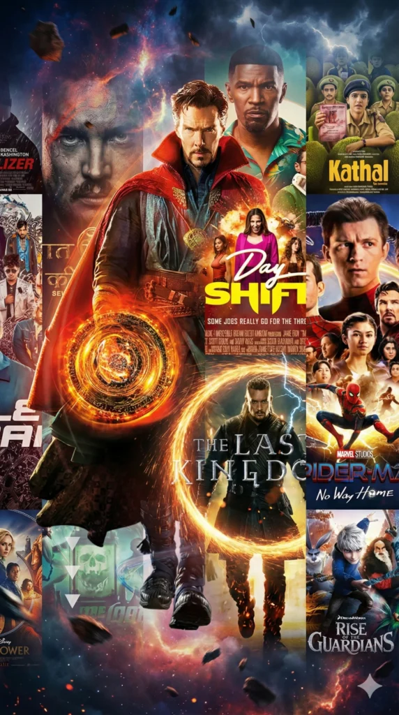 Collage van filmposters met Doctor Strange in het midden, omringd door andere films zoals Spider-Man en The Last Kingdom, relevant voor iBO PLAYER IPTV abonnement.