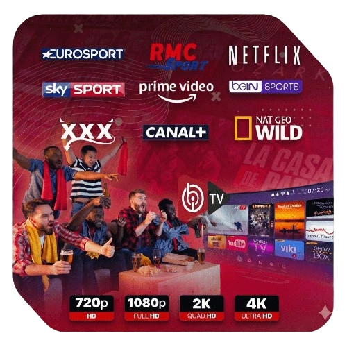 Afbeelding met logo's van diverse streamingdiensten zoals Netflix, Eurosport en Canal+, plus ondersteunde resoluties van 720p tot 4K Ultra HD, en het IBO Player IPTV abonnement.