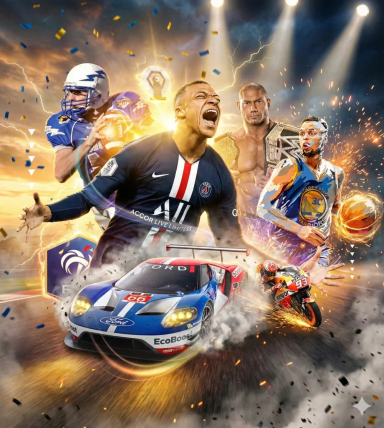 Dynamische collage van diverse sporten, inclusief een voetballer, een motorsportauto, een basketballer en een American footballspeler, ideaal voor een IPTV Kopen abonnement met sport.