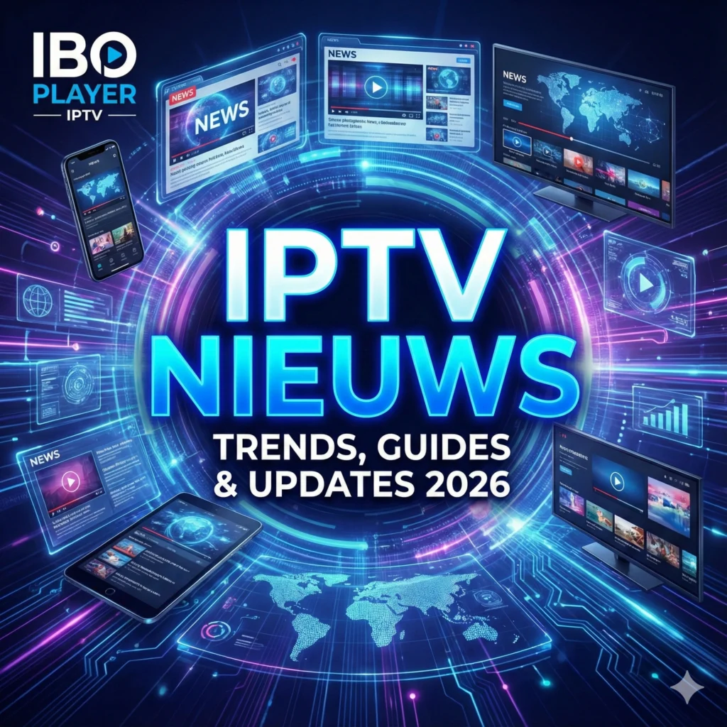 Futuristische illustratie die IPTV Nieuws, streaming updates en IBO Player handleidingen voor 2026 weergeeft.