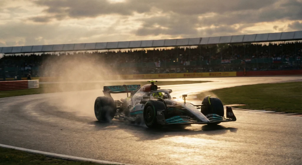 Mercedes F1-auto op nat circuit bij zonsondergang
