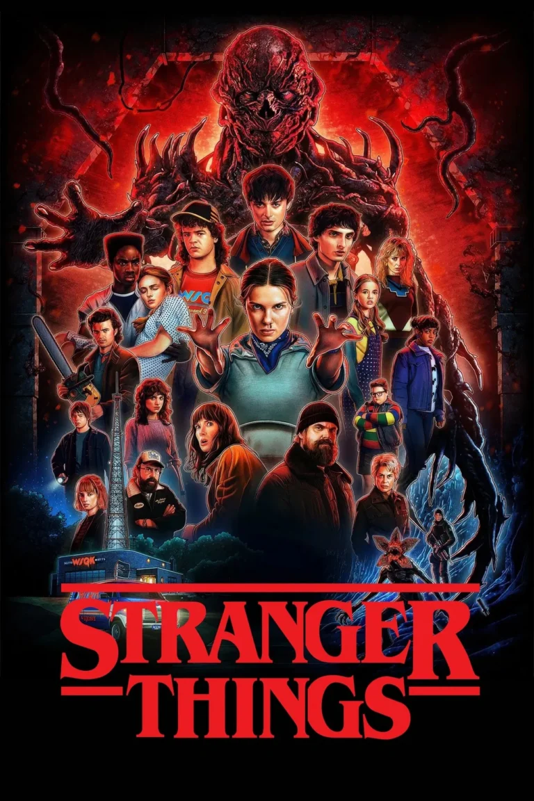 Serieposter: Stranger Things — personages met het Upside Down-monster