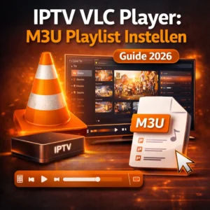 Uitgelichte afbeelding met een oranje VLC Player-thema, waarop een IPTV-interface op een tv-scherm te zien is, samen met een M3U-bestand en de VLC-kegel. De tekst “IPTV VLC Player: M3U Playlist Instellen – Guide 2026” staat prominent weergegeven, met visuele elementen die het instellen en afspelen van IPTV via VLC illustreren.