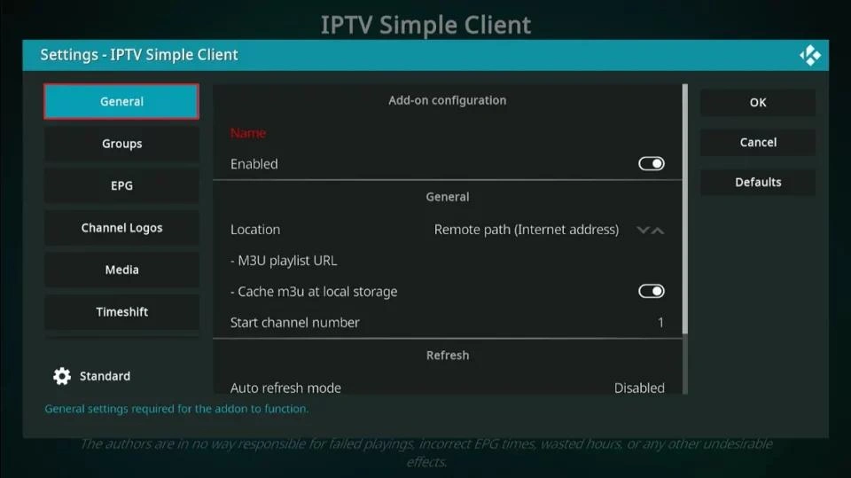 Schermafbeelding: Kodi op Windows 11, configuratiescherm van de PVR IPTV Simple Client add-on