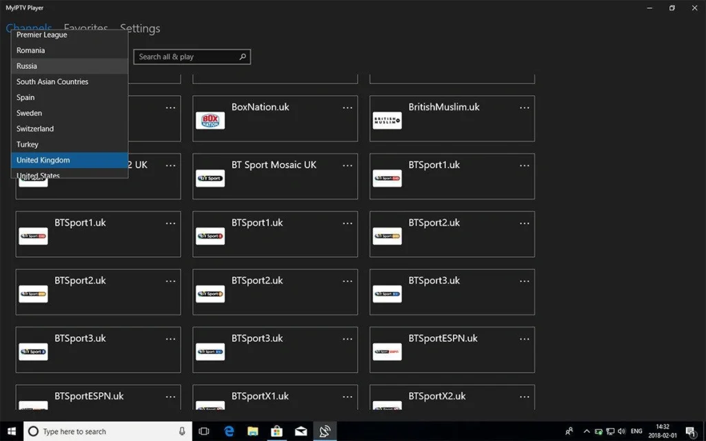 Schermafbeelding: MyIPTV Player op Windows 11, kanalenlijst links, EPG rechts, speler midden