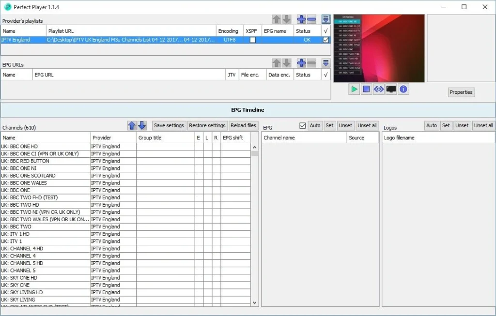 Schermafbeelding: Perfect Player op Windows met geladen M3U afspeellijst en EPG-weergave