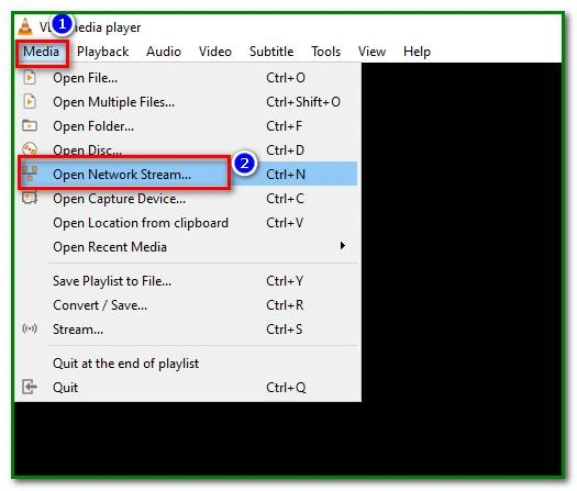 Schermafbeelding: VLC met een M3U netwerkstream geladen via Media, Netwerkstream openen