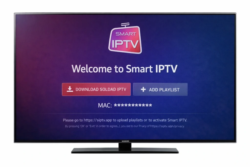 Smart IPTV welkomstscherm met MAC-adres op Samsung Smart TV