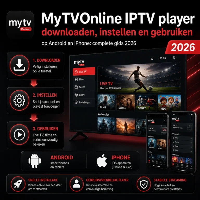 MyTVOnline IPTV player downloaden, instellen en gebruiken op Android en iPhone complete gids 2026 met live tv, films, series en snelle installatie.