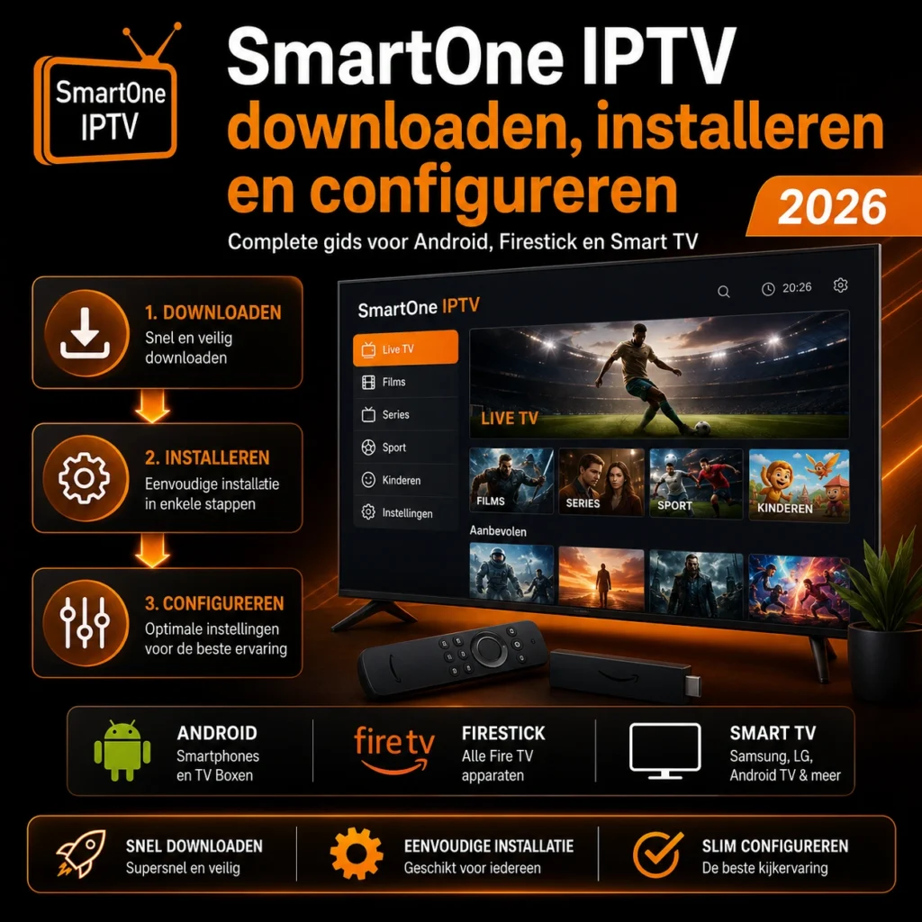 SmartOne IPTV downloaden, installeren en configureren gids 2026 voor Android, Firestick en Smart TV met live tv, films en eenvoudige installatie stappen.