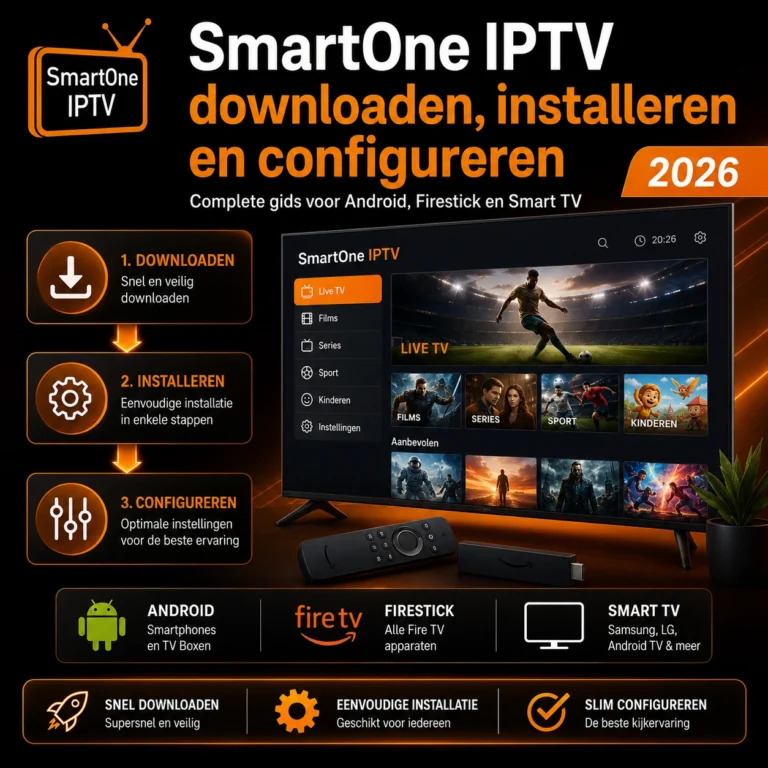 SmartOne IPTV downloaden, installeren en configureren gids 2026 voor Android, Firestick en Smart TV met live tv, films en eenvoudige installatie stappen.