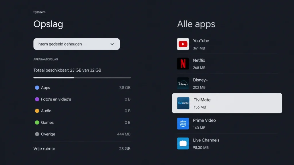 Opslagoverzicht op een Google TV-apparaat met 23 GB vrije ruimte en TiviMate geselecteerd, dat na twee weken gebruik met een volle playlist 156 MB inneemt.