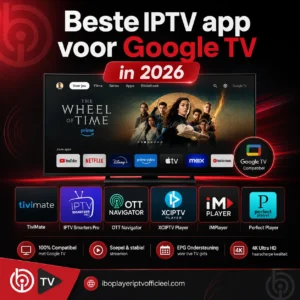 infographic over de beste IPTV-app voor Google TV in 2026, met een Google TV-scherm, zes IPTV-spelers en kenmerken zoals compatibiliteit, stabiel streamen, EPG-ondersteuning en 4K Ultra HD.